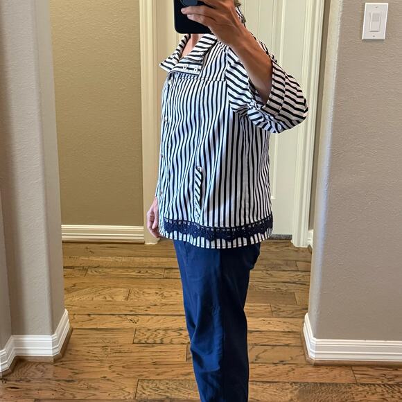 Chicos Navy Blue White Stripe Lightweight Jacket Zipper Front Roll Tab Sleeve XL - Picture 9 of 12